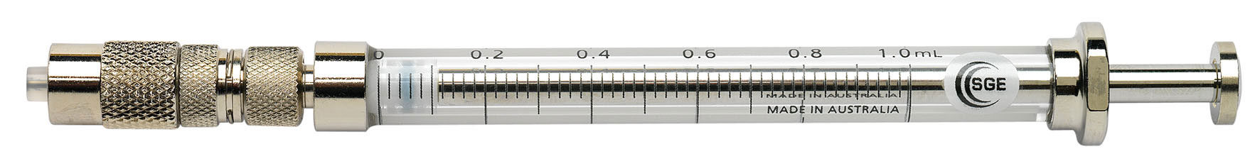 Luer lock syringe with valve. SGE. Volume: 1ml. Model: 1MR-VLL-GT. Valve: Push-pull. Replacement plunger (u.): 032-031842. Replacement valve (u.): 032-031907