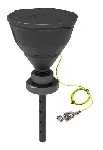 Black funnel 'ARNOLD' with ball-valve and lid, V2.0, PE-HD electrostatic conductive, with lance (220 mm), splash guard, removable sieve and grounding cable, funnel Ø 200 mm. Thread size: S90. SCAT®. Safety funnels with ball valve