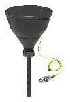 Black funnel 'ARNOLD' with ball-valve and lid, V2.0, PE-HD electrostatic conductive, with lance (220 mm), splash guard, removable sieve and grounding cable, funnel Ø 200 mm. Thread size: GL45. SCAT®. Safety funnels with ball valve