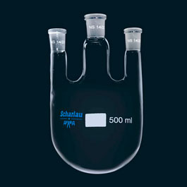 Flasks, ground sockets, round bottom, two necks, parallel central and