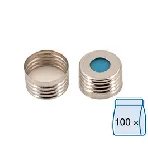 N 18 magnetic screw cap, silver, center hole. MACHEREY NAGEL. Septum: Silicone blue transparent/PTFE white. Hardness: 45° shore A. Thickness (mm): 1.5.