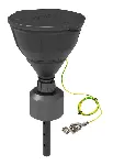 Black funnel 'ARNOLD' with ball-valve and lid, V2.0, PE-HD electrostatic conductive, with lance (220 mm), splash guard, removable sieve and grounding cable, funnel Ø 200 mm. Thread size: B83. SCAT®. Safety funnels with ball valve