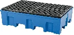 PE retention tray with PE grid with forklift pockets. ASECOS. Capacity: 2 drums of 200 l. Dim. HxWxD (mm): 865x375x1245