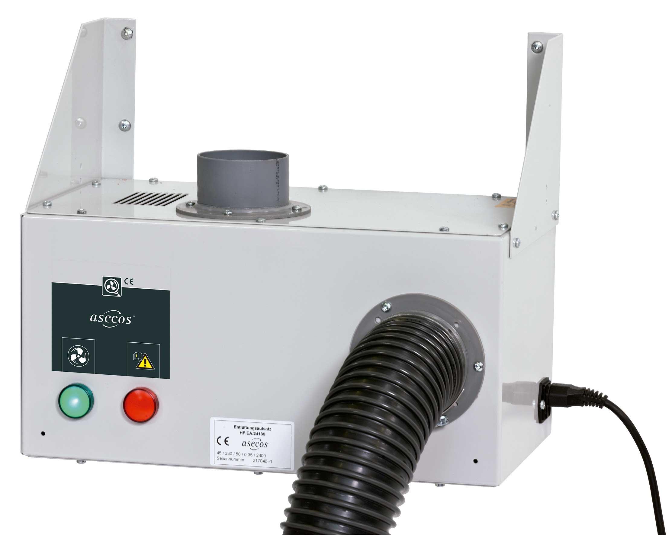 Extractor con control de flujo: para montaje en la pared, incl. contacto de alarma libre de potencial. ASECOS. Ventilación/extracción de armarios para productos químicos. Velocidad (rpm): 2400. Nivel sonoro (dB): 35. Dim. AnxAlxPr (mm): 200x200x400. Peso (Kg): 11