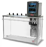 Bath for viscometers CC-130A Visco 5. HUBER. No positions: 5. Temp. range (ºC): (15) 28 -100. T Stability (ºC): ±0,01. Heating power (kW): 2. Pressure (l/min) - bar: 27 - 0,7. Volume (l): 30. Bath opening WxD (mm): Ø 51. Depth (mm): 310