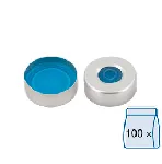 Cápsula aluminio N 20, plateado, orificio central. MACHEREY NAGEL. Septum: Silicona azul transparente/Lámina central de PTFE incolora (sólo laminado centralmente con PTFE, normalmente llamado Pharma-Fix). Dureza: 45° shore A. Grosor (mm): 3. 