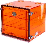 Acrylic desiccator. PLAS-LABS. Outer dim. HxWxD (mm): 304x304x304. Vol. (l): 28. Colour: Amber. Door: Folding door. Cubicles: 1. Shelves: 2. Positions for shelves: 5