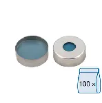 Cápsula N 20 magnético, plateado, orificio central de 8 mm. MACHEREY NAGEL. Septum: Silicona azul transparente/PTFE incoloro. Dureza: 45° shore A. Grosor (mm): 3.