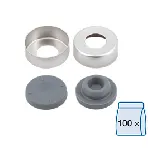 Cápsula aluminio N 20, plateado, orificio central. MACHEREY NAGEL. Tapón Bromobutilo, gris. Dureza: 50° shore A (sin montar). 
