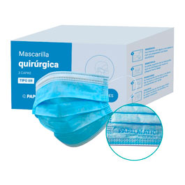 Mascarilla quirúrgica IIR, 3 capas, azul, caja con 5 bolsas de 10 unidades. Papelmatic