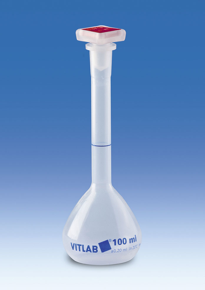 Matraz volumétrico, polipropileno. VITLAB®. Con tapón NS. Capacidad (ml): 100. Altura (mm): 180. Forma boca: NS 14/23