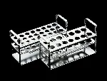 Test tube rack with linking guides. Stainless steel sheet. Hole diameter: 12. Number of holes: 24 (8x3). Dim. WxDxH (mm): 160x62x65