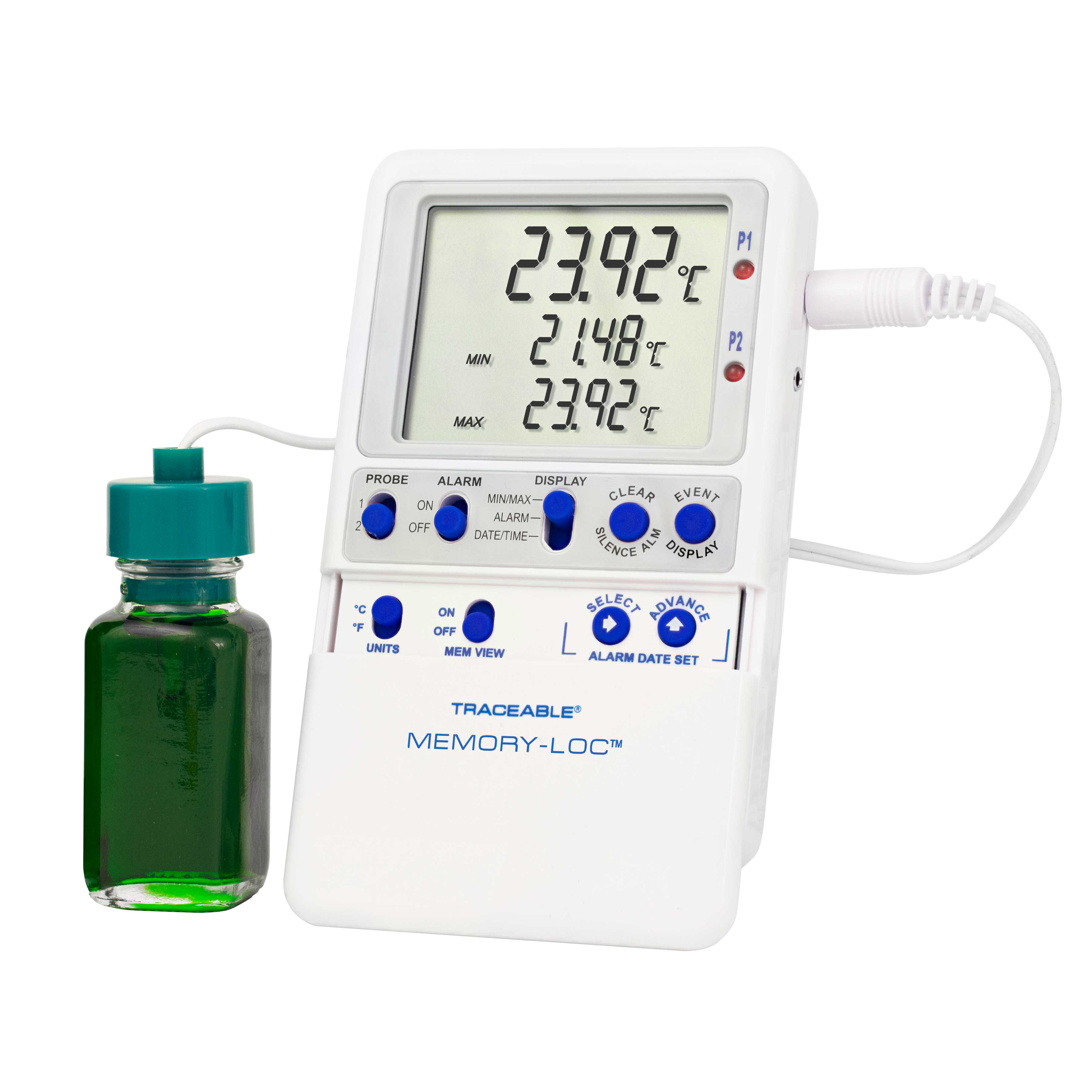 Memory-Loc datalogging digital thermometer. TRACEABLE. Range: –50.00 to 70.00°C. Accuracy: ±0.25°C. Resolution: 0.01°C. Probes: 1 bottle. Application: Refrigerators and Freezers