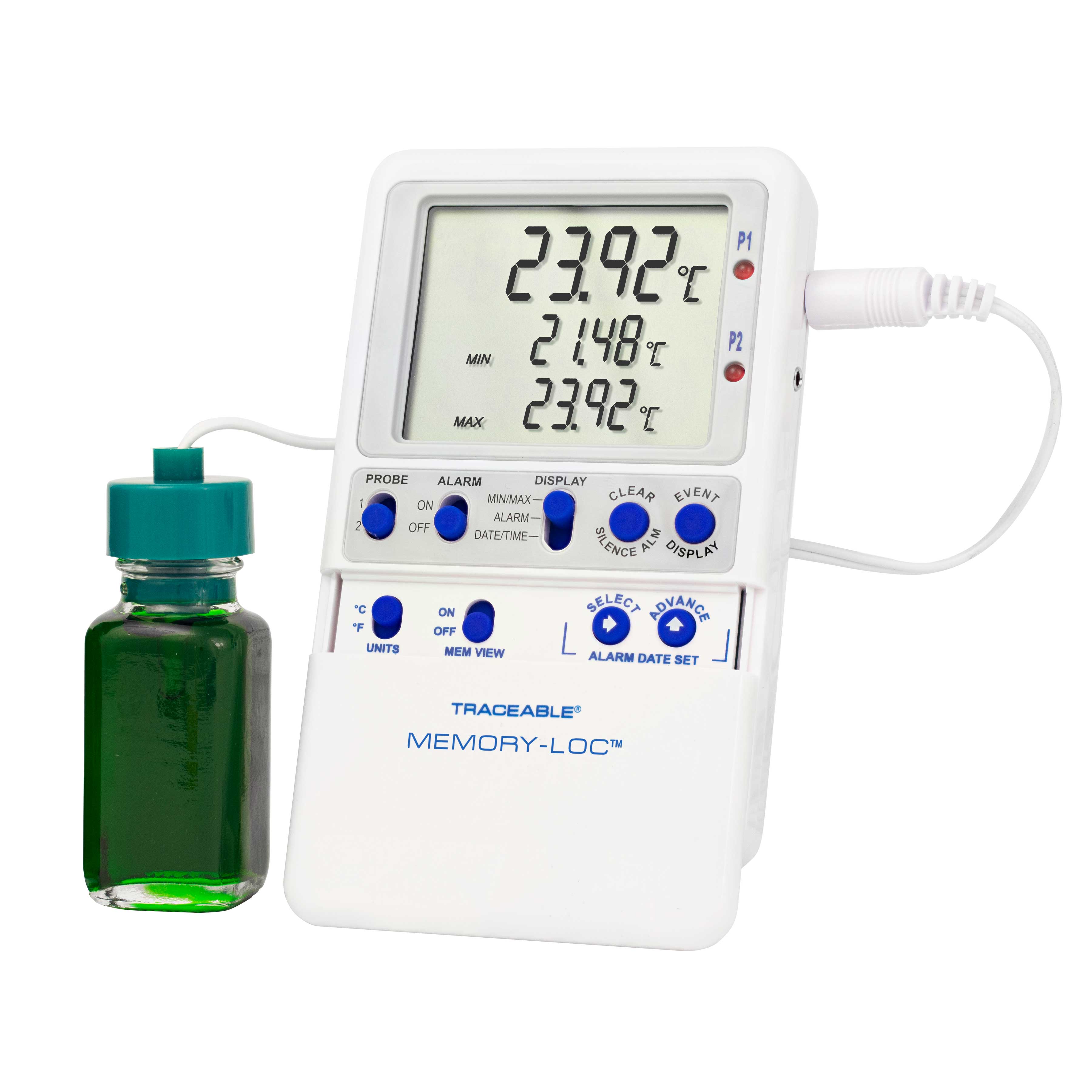 Termómetro digital de registro de datos Memory-Loc. TRACEABLE. Rango: –50.00 a 70.00°C. Exactitud: ±0,25°C. Resolución: 0,01°C. Sondas: 1 botella. Aplicación: Refrigeradores y Congeladores