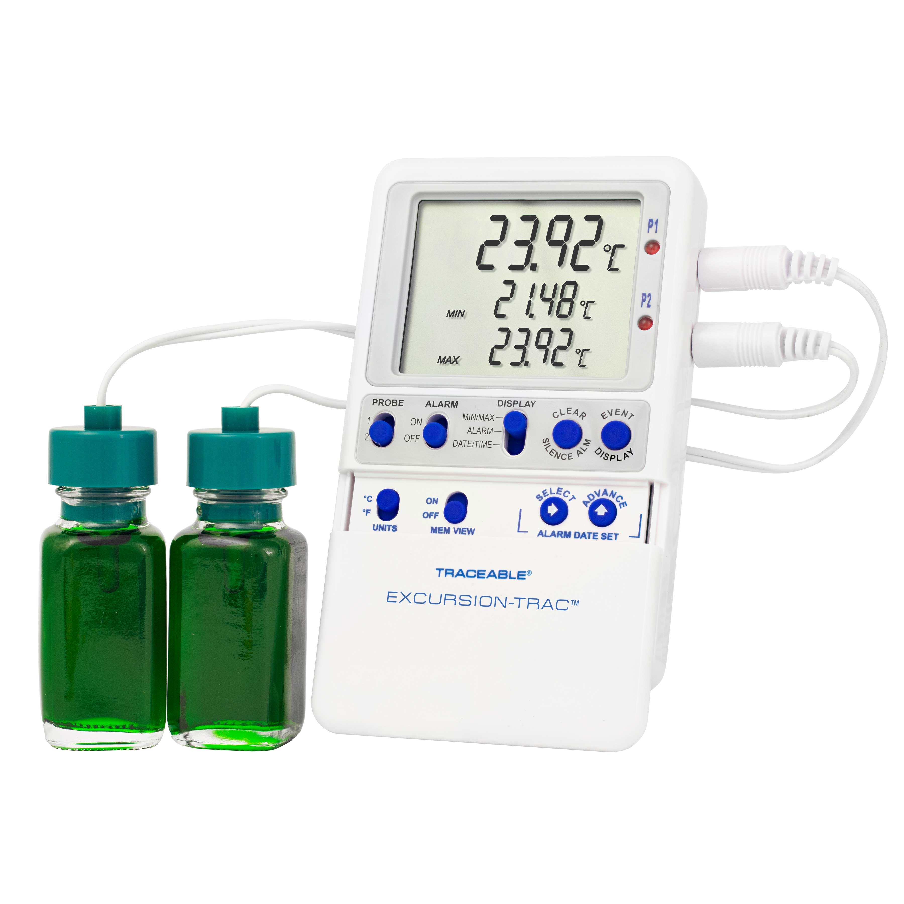 Excursion-Trac datalogging digital thermometer. TRACEABLE. Range: –50.00 to 70.00°C. Accuracy: ±0.25°C. Resolution: 0.01°C. Probes: 2 bottles. Application: Refrigerators and Freezers