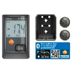 Testo 174T BT temperature data logger with Bluetooth app connectivity. TESTO. Measuring range: -30 to +70 °C. Resolution: 0.1 °C. Accuracy: ±0.5 °C.  Includes wall bracket, batteries (2 x CR2032 lithium) and test report