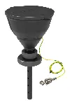 Black funnel 'ARNOLD' with ball-valve and lid, V2.0, PE-HD electrostatic conductive, with lance (220 mm), splash guard, removable sieve and grounding cable, funnel Ø 200 mm. Thread size: S95. SCAT®. Safety funnels with ball valve