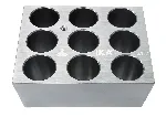 IKA dry block heaters. IKA®. Accessory. (Dimensions WxHxD = 95x51x76mm). Type: Single block. Porus size (mm): ¿ 21,7. For: Vials 21mm. Number of holes: 9. Depth (mm): 45