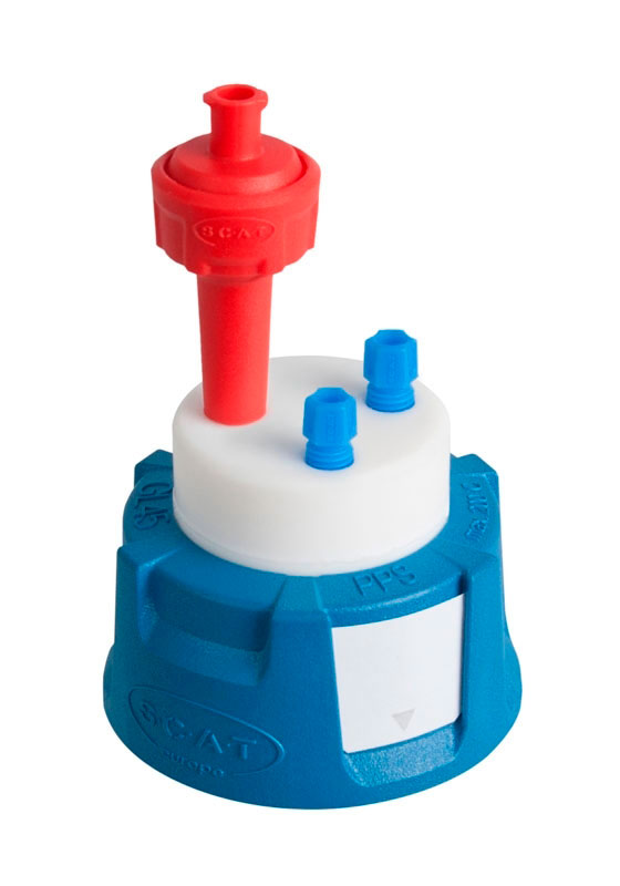 Safety Caps: extracción de disolvente segura. SCAT®. Rosca GL45 y válvula de aireación (HPLC). Safety Cap II, Ø 3,2 para GL45. Tomas (Ø ext.): 2x3,2mm (1/8')