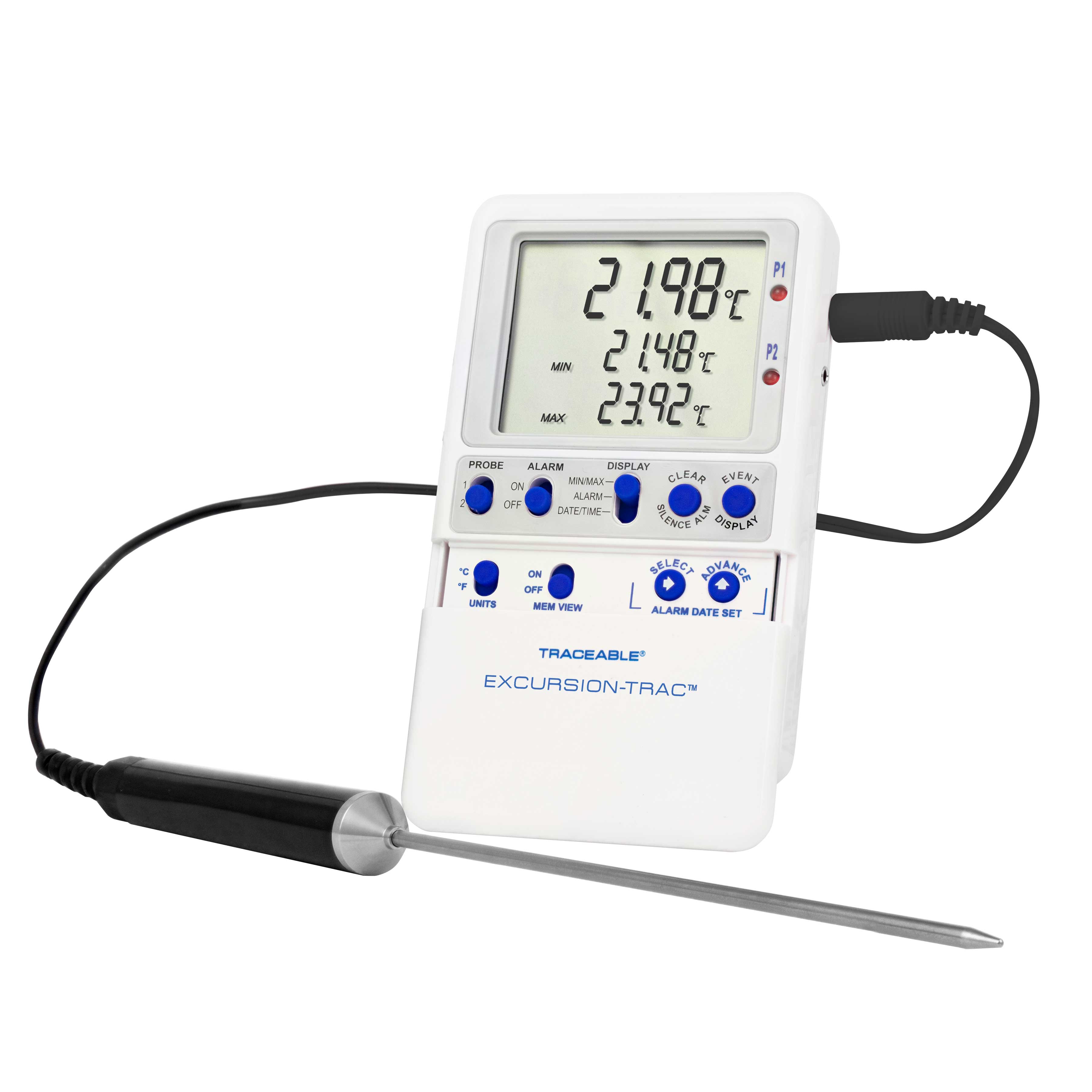 Excursion-Trac datalogging digital thermometer. TRACEABLE. Range: –50.00 to 70.00°C. Accuracy: ±0.25°C. Resolution: 0.01°C. Probes: 1 stainless-steel probe. Application: Refrigerators and Freezers