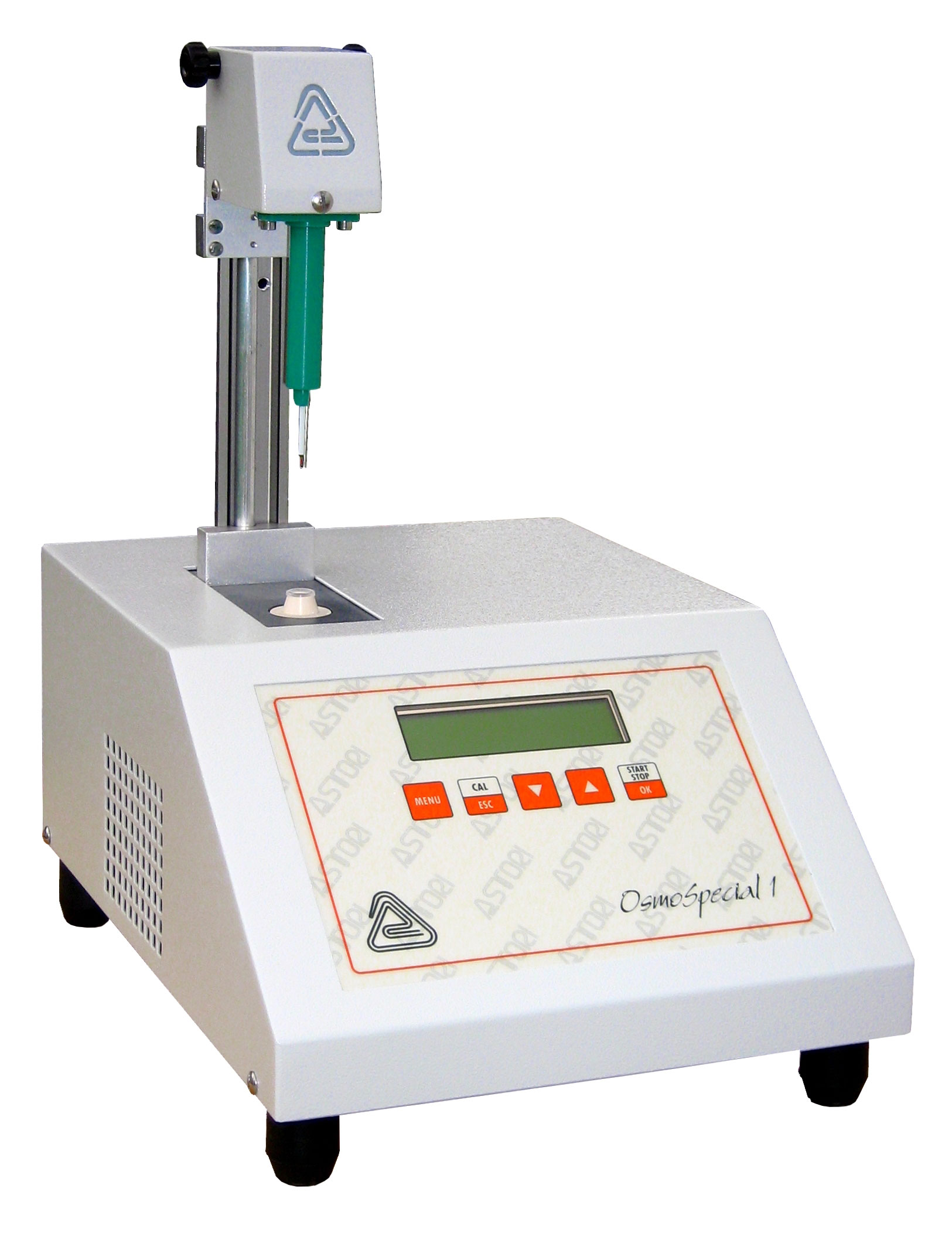 OsmoSpecial 1 semiautomatic osmometer. ASTORI TECNICA. Number of samples: 1. Sample volume (µl): 50 - 200. Measurement range (mOsm/Kg): 0 - 1500. Resolution (mOsm/Kg): 1. Repeatability/Reproducibility (mOsm/Kg): ±2 (from 0 to 600), ±0,5% (from 600 to 1500). Dim. WxHxD (mm): 285x450x380 (with head up). Weight (kg): 10.Supplied with a 'starter-kit' including a box of disposable tubes, a tube-holder, 3 calibration standards and a cooling liquid bottle.