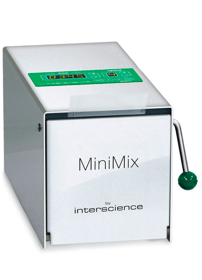 Homogeneizador. INTERSCIENCE. Modelo: MiniMix® 100 P CC® Click &amp; Clean. Capacidad útil: 5-80ml. Vol. muestra: Hasta 10g. Velocidad: 3-12 golpes/seg. Puerta: Acero inox. Dim. AlxAnxPr (cm): 37x21x20