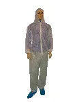 Single use hooded coverall. Size: XL. Breathable PP coveralls with elasticated cuffs and ankles. 40g/m2 density. Zip fastener. White colour