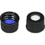 Tapón de rosca N 10 de polipropileno (septum unido), negro, orificio central. MACHEREY NAGEL. Rosca: 10-425. Septum: Silicona blanco/PTFE azul, ranurado. Dureza: 45° shore A. Grosor (mm): 1,5. 