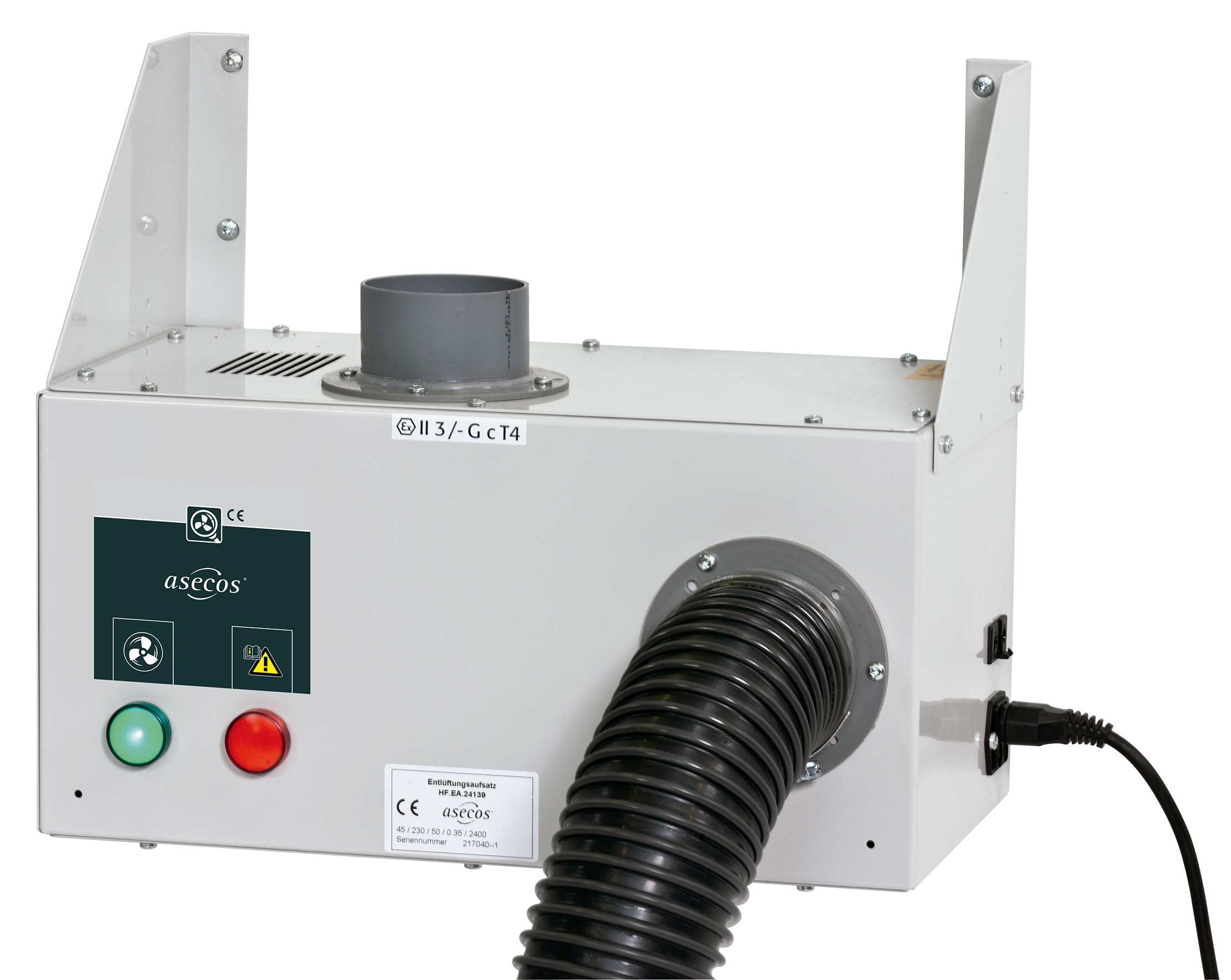 Extractor con control de flujo: para montaje en la pared, para armarios bajos, incl. contacto de alarma libre de potencial. ASECOS. Ventilación/extracción de armarios para productos químicos. Velocidad (rpm): 2400. Nivel sonoro (dB): 35. Dim. AnxAlxPr (mm): 200x200x400. Peso (Kg): 11