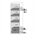Paquete de equipamiento para armarios de seguridad para productos inflamables UNE EN 14470-1. Para modelos: S90.196.060.WDAS. ASECOS. Descripción: 3x bandeja tipo cubeta (V=11.5L), 1x bandeja perforada, 1x cubeto de retención (V=33.0L). Material: Plancha de acero plastificada RAL 7035