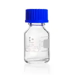 Frascos ISO graduados para laboratorio con rosca GL 25, transparente, con tapón roscado y anillo de vertido en PP azul. DURAN®. Capacidad (mL): 25. Diámetro (mm): 36. Altura (mm): 74