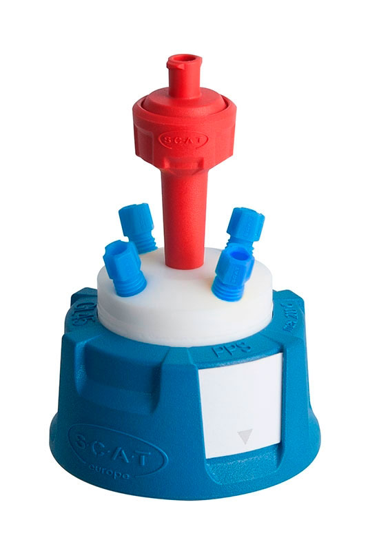 Safety Caps: extracción de disolvente segura. SCAT®. Rosca GL45 y válvula de aireación (HPLC). Safety Cap IV, Ø 3,2 para GL45. Tomas (Ø ext.): 4x3,2mm (1/8')