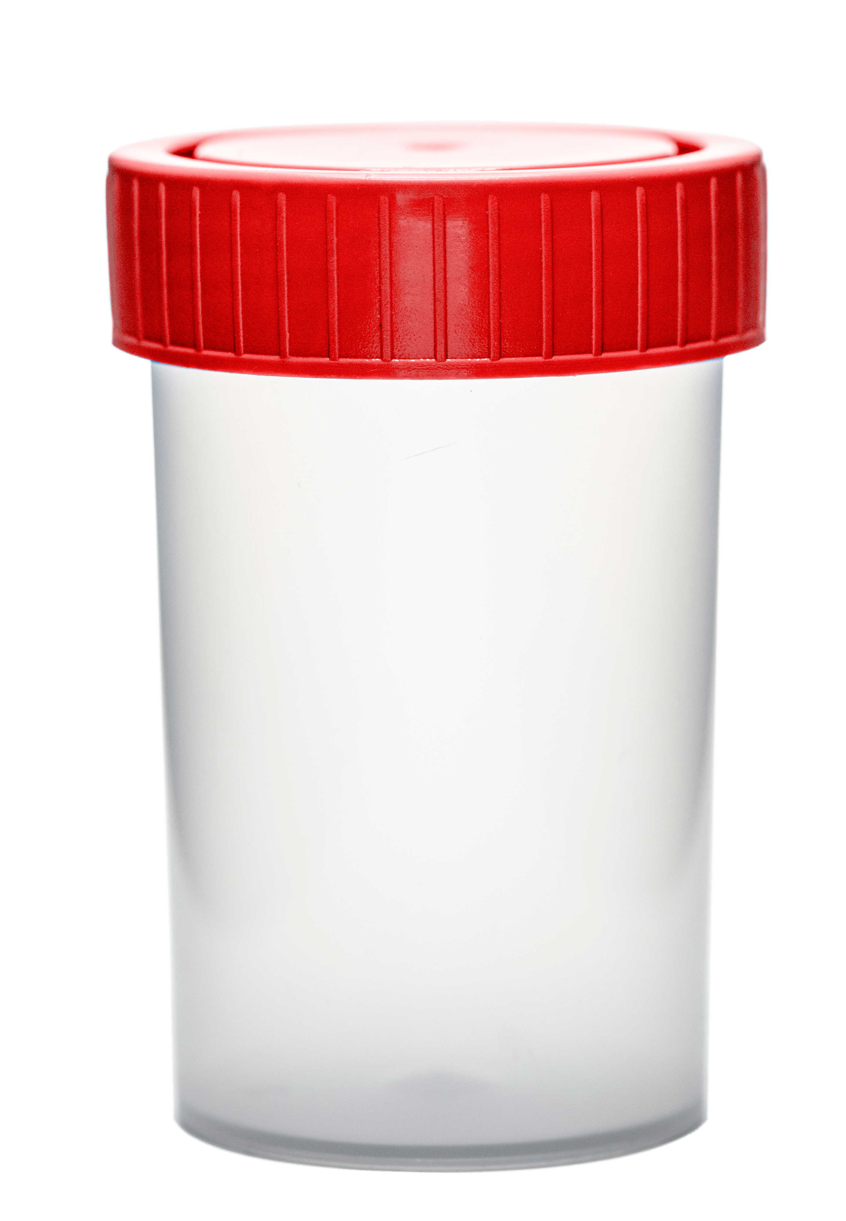 Specimen container made of PP. Vol: 60 ml. Sterile. Ind. wrapped. Cap color: red. Dim: 38 x 65 mm.