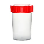 Specimen container made of PP. Vol: 60 ml. Sterile. Ind. wrapped. Cap color: red. Dim: 38 x 65 mm.