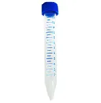 Tubo de centrífuga 15 ml, 50u x 20 bolsas. Estéril: Sí. Con zona de escritura. Material: cuerpo de PP transparente, Tapón de HDPE azul. Capacidad (ml): 15. Graduado hasta 14 ml. Medidas (mm) :  Ø tapón: 22,9 Externo. Longitud tubo: 120,9;  Ø tubo:17,5 (externo)Max RCF: 800 x g. Autoclave: 15 minutos in 121ºC.