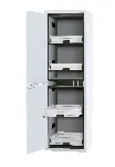 Armario para almacenamiento de productos corrosivos (ácidos y bases). ASECOS. Modelo: SL.196.060.MH. Construcción armario: Alto, 2 puertas. Color cuerpo: Gris claro. Equipamiento: Cuerpo sin equipamiento interior, con pared medianera horizontal, con puerta apertura izquierda. Carga máx. (kg): 300. Dim. AnxAlxPr (mm): 597x1965x603. Peso (Kg): 125