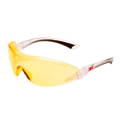 Glasses, Series 2800 Comfort Yellow. 3M. Version: Blue and UV Filter. Goggles mark EN 166: 2-1.2 3M, 1FT. Treatments: Anti-scratch and demister. Visible light transparency (%): 93