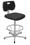 Polyurethane anti-static chair with stainless steel foot. Branches: Glides. Adjustable seat: Yes, in height. Footrest: Yes. Seat height (mm): 500-750. Colour: Black. Cleanroom: Yes. KANGO. Range of ISO 3 certified anti-static chairs for clean rooms