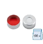 Cápsula aluminio N 11, plateado, orificio central. MACHAREY NAGEL. Septum: Silicona blanca/PTFE rojo. Dureza: 45° shore A. Grosor (mm): 1,3.