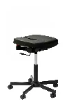 Polyurethane Koncept stool with backrest and black steel foot. Assembly on silentbloc. Branches: Casters. Adjustable seat: Yes, in height and tilted of 2° forward. Footrest: No. Colour: Black. Cleanroom: No. KANGO. Koncept range. Self-adaptive ergonomic laboratory chairs and stools