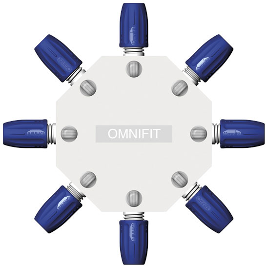 Connector with valve. 8-way. Bore (mm): 1,5. DIBA OMNIFIT