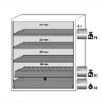 Paquete de equipamiento para armarios de seguridad para productos inflamables UNE EN 14470-1. Para modelos: S90.129.120.WDAS. ASECOS. Descripción: 3x bandeja, 1x bandeja perforada, 1x cubeto de retención (V=33.0L). Material: Acero inoxidable 1.4016