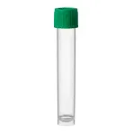 Tubo de ensayo, 12mL, fondo redondo, con faldón, tapón separado. Estéril: No. Material: tubo PP de alta transparencia, tapón HDPE verde. Capacidad (mL): 12. Dim. Øxlong. (mm): 15,5x101,3. Caja: 1000u (1000 tubos + 1000 tapones)