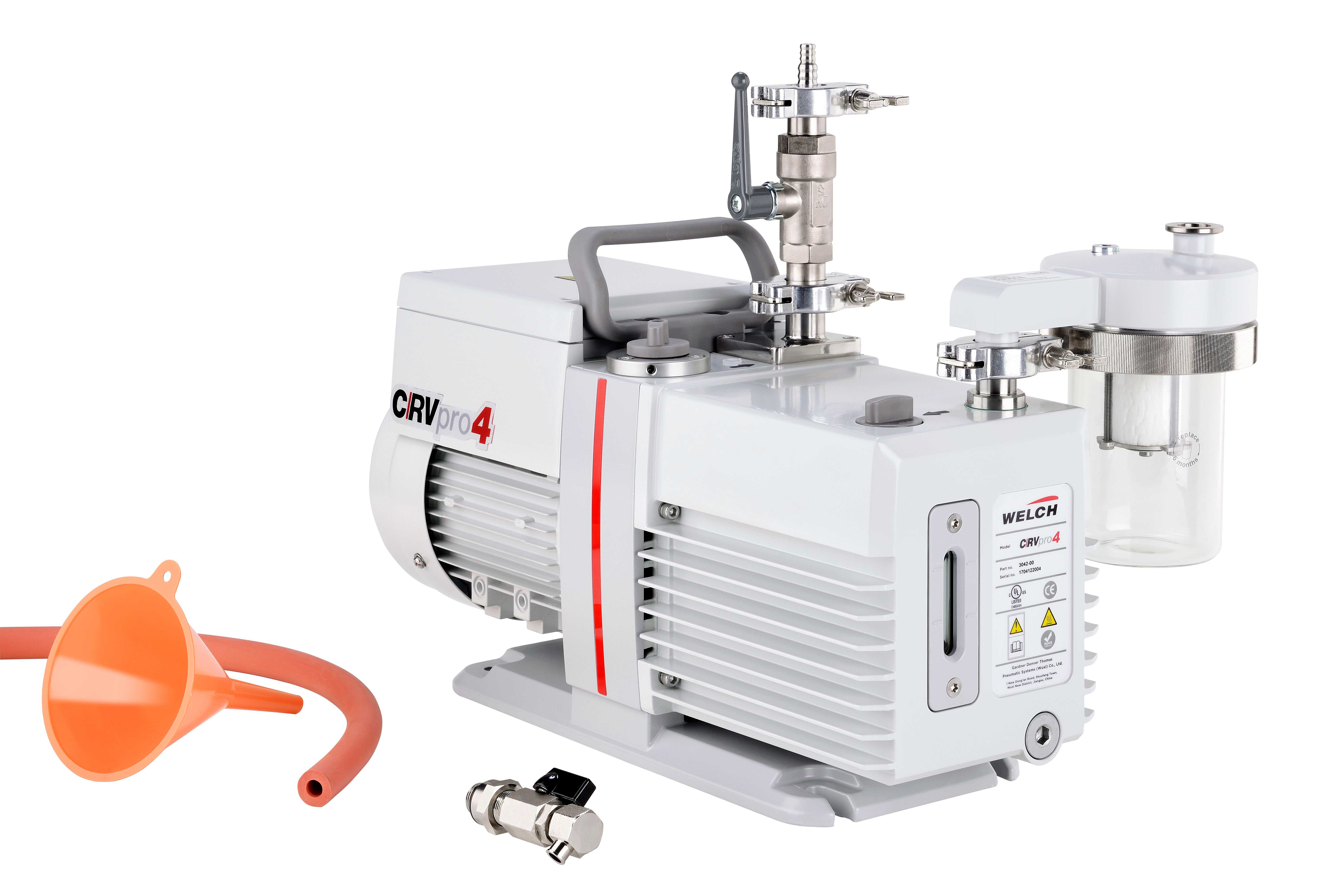 Bomba de aceite CRVpro 4 basic package. WELCH-ILMVAC. Aplicaciones: Líneas Schlenk, liofilizadores. Caudal (l/min)/(m3/h): 63/3,8. Vacío final (mbar): 2x10-3. Conexión DN: 16KF. Cap. aceite (ml): 1150. Nivel ruido (dB): 50. Dim. AnxAlxPr (mm): 157x230x463 (sin asa). Peso (Kg): 21