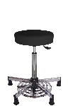 Vinyl Comfort stool with stainless steel foot. Branches: Articulated glides. Adjustable seat: Yes, in height by drive to the foot. Footrest: No. Seat height (mm): 600-700. Colour: Black. Cleanroom: No. KANGO. Standard range. Ergonomic laboratory chairs and stools