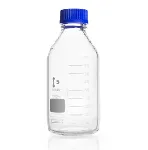 Frascos ISO graduados para laboratorio con rosca GL 45, transparente, con tapón roscado y anillo de vertido en PP azul. DURAN®. Capacidad (mL): 1.000. Diámetro (mm): 101. Altura (mm): 230