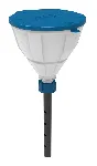White funnel 'ARNOLD' with ball-valve and lid, V2.0, PE-HD, with lance (220 mm), splash guard and removable sieve, funnel Ø 200 mm. Thread size: GL45. SCAT®. Safety funnels with ball valve
