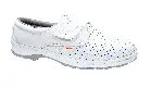 Shoes Milan Perforated, w/ holes on top and the sides for better breathability. DIAN. Size: 42. Color: white. Upper/insole/outsole material: microfiber/polyurethane foam/polyurethane. Closure: Velcro. Interior: lined and padded. Complies with EN-ISO 20347 SRC+O1+FO, ISO 16187 standards.
