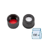 Tapón de rosca N 10 de polipropileno (septum unido), negro, orificio central. MACHEREY NAGEL. Rosca: 10-425. Septum: Silicona blanca/PTFE rojo. Dureza: 45° shore A. Grosor (mm): 1,0.
