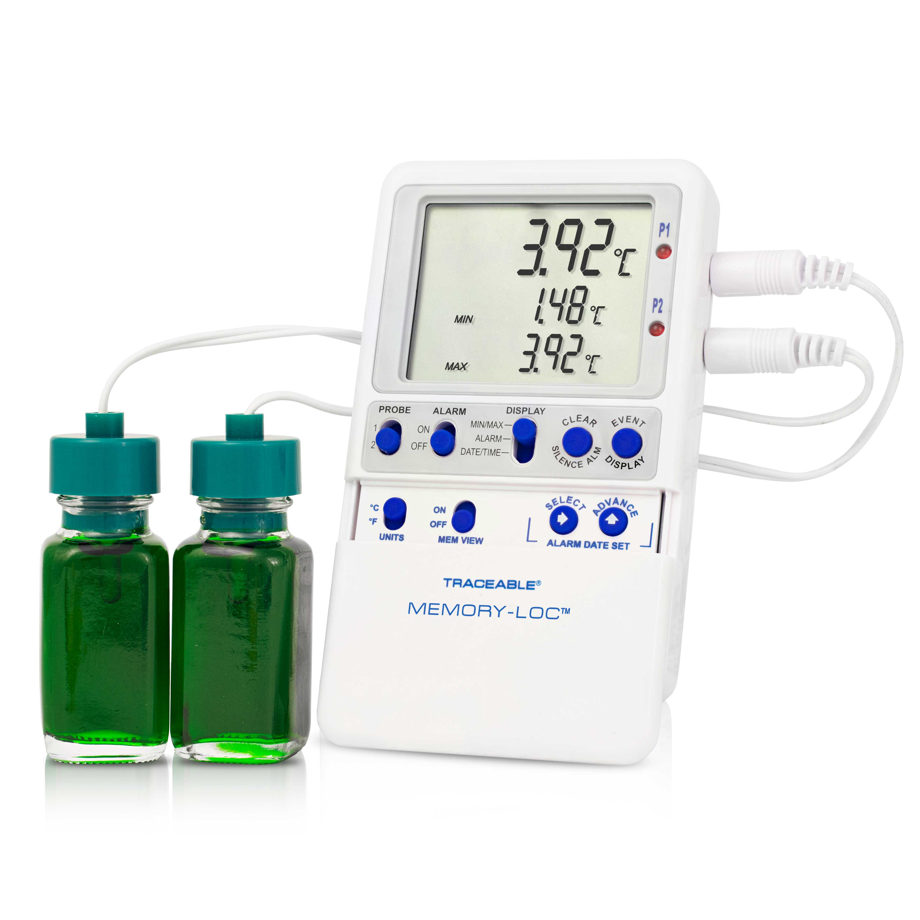 Memory-Loc datalogging digital thermometer. TRACEABLE. Range: –50.00 to 70.00°C. Accuracy: ±0.25°C. Resolution: 0.01°C. Probes: 2 bottles. Application: Refrigerators and Freezers